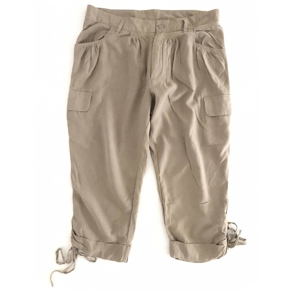 Catherine Malandrino | Women's Beige Cargo Pockets Capris Silk Pant Size 8